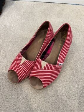 Toms Red and White Striped Peep-Toe Flats